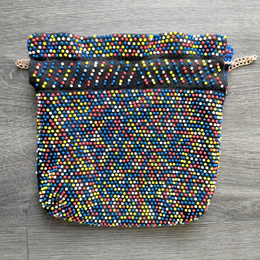 Vintage Candy Dotted Beaded Drawstring Reversible Handbag - 9” H X 9“ L